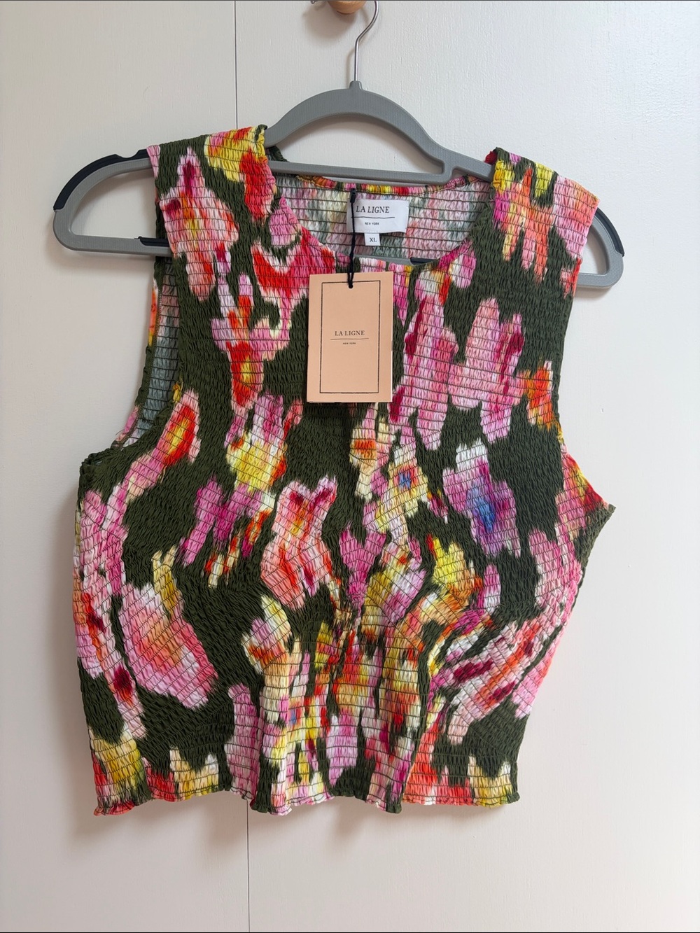 La Ligne Olive Floral Smocked Tank with Pink and Yellow Accents
